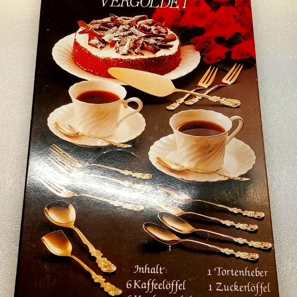 KAFFEEBESTECK VERGOLDET Germany Rose Pattern Gold Plated Dessert Flatware Set